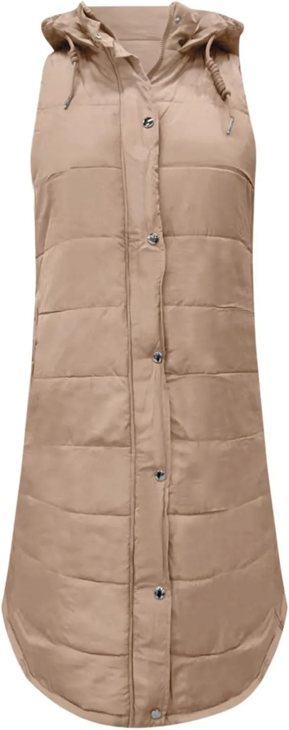 Women's Long Puffer Vest Jackets Hoodies Full Zipper Sleeveless Down Coats Thickened Warm Windbreakers with Pockets
