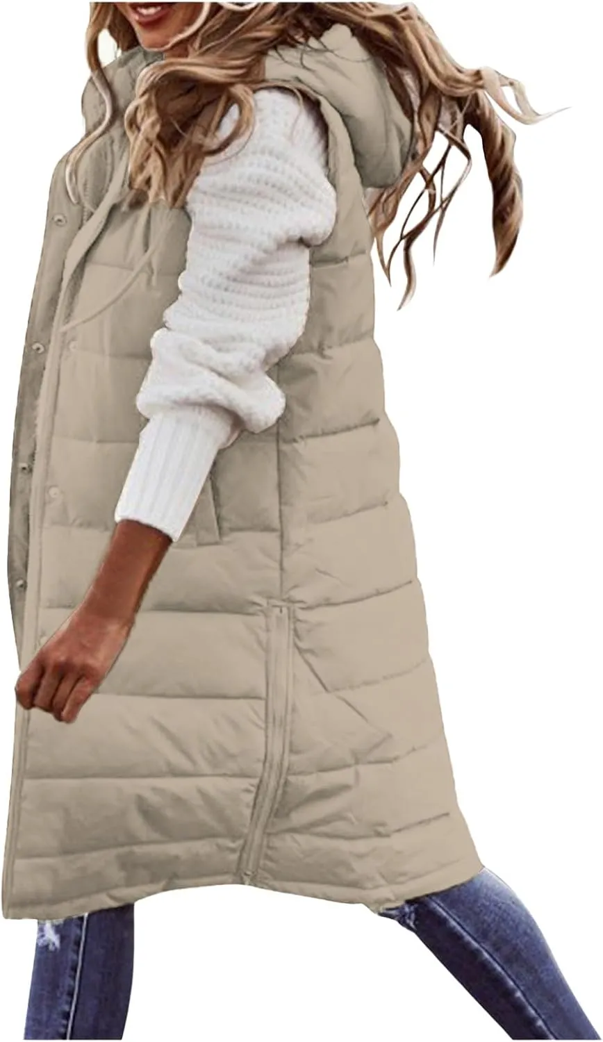 Women's Long Puffer Vest Jackets Hoodies Full Zipper Sleeveless Down Coats Thickened Warm Windbreakers with Pockets