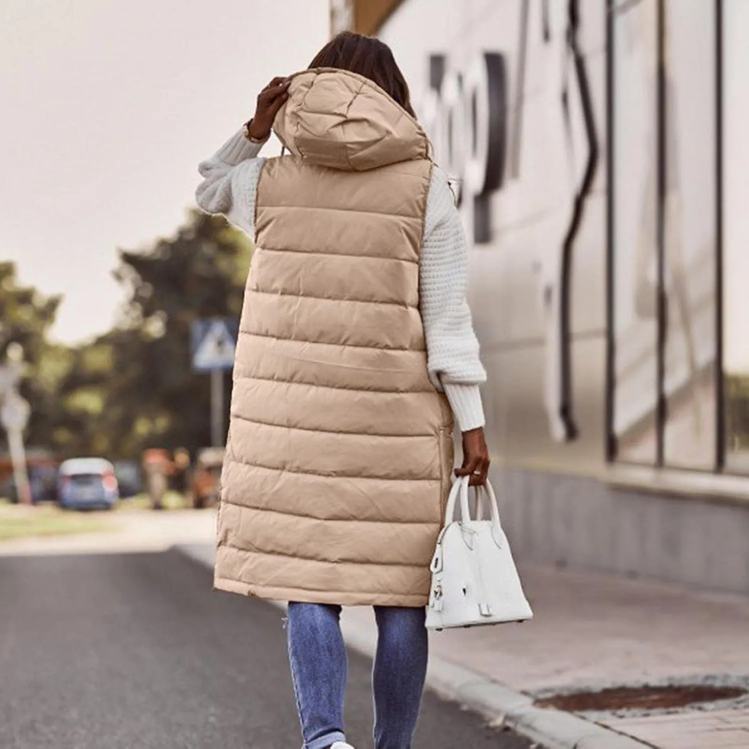 Women's Long Puffer Vest Jackets Hoodies Full Zipper Sleeveless Down Coats Thickened Warm Windbreakers with Pockets