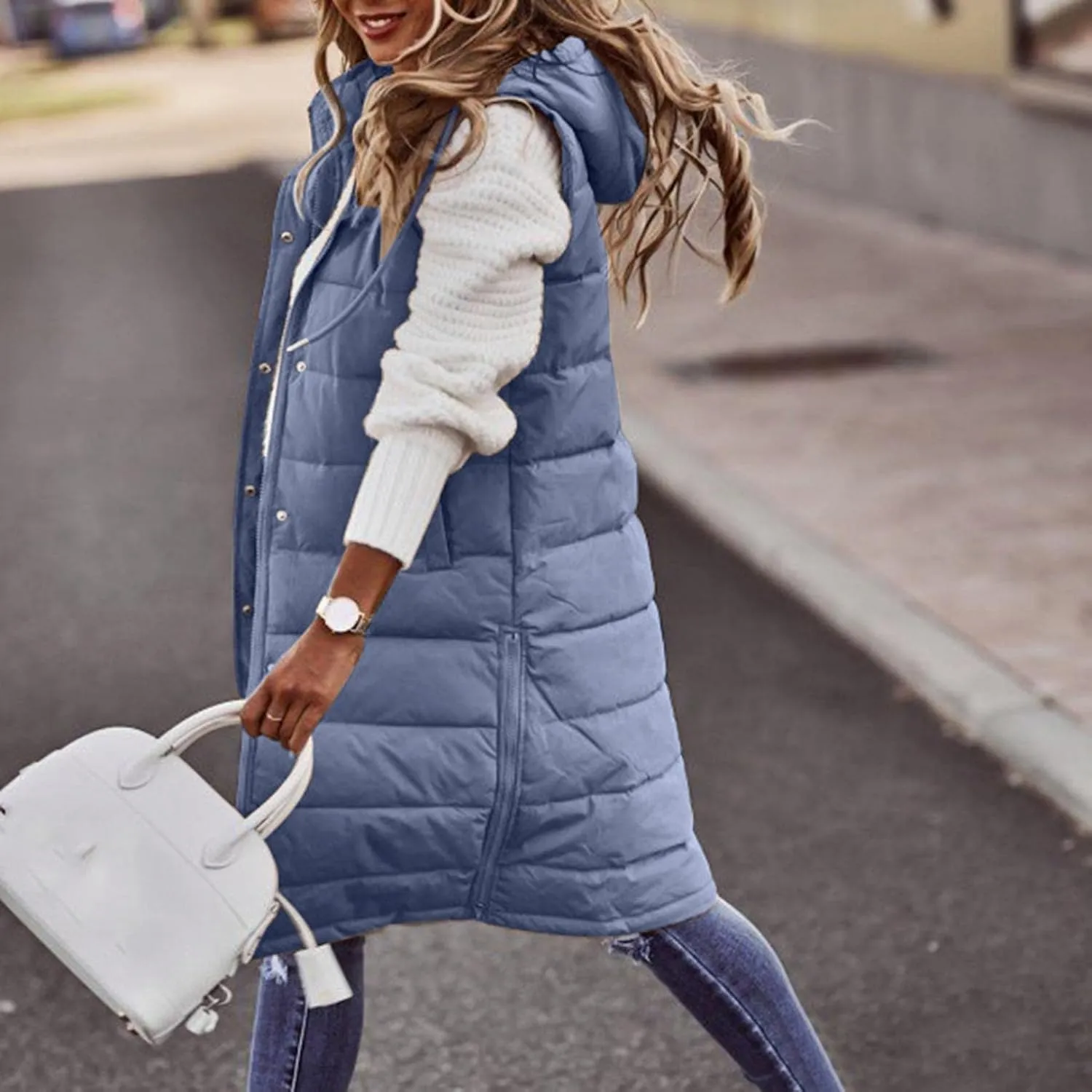 Women's Long Puffer Vest Jackets Hoodies Full Zipper Sleeveless Down Coats Thickened Warm Windbreakers with Pockets