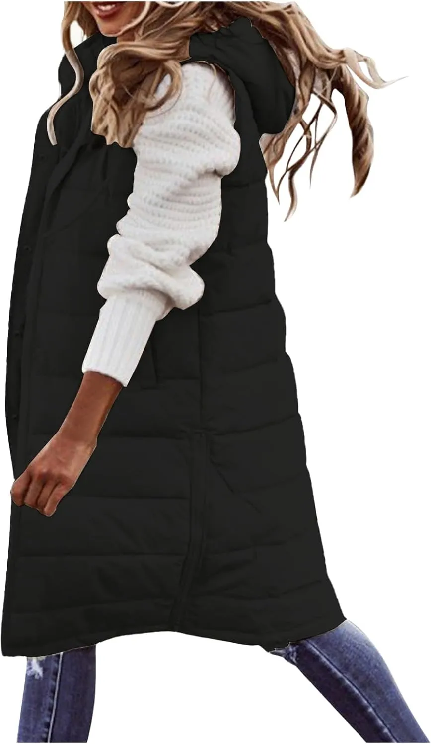 Womens Long Puffer Vest Sleveless Hoodies Jacket Full Zipper Quilted Vest Long Down Coats Thickened Warm Windbreakers