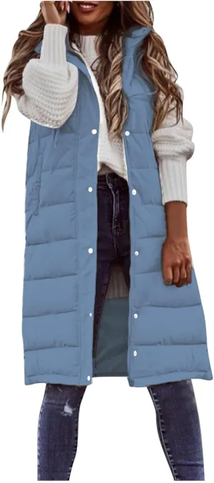 Womens Long Puffer Vest Sleveless Hoodies Jacket Full Zipper Quilted Vest Long Down Coats Thickened Warm Windbreakers