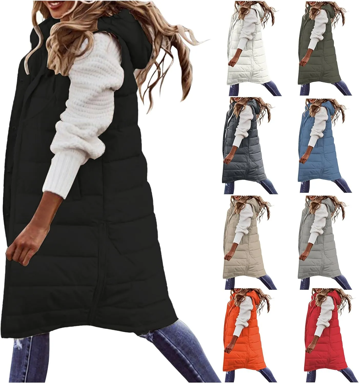 Womens Long Puffer Vest Sleveless Hoodies Jacket Full Zipper Quilted Vest Long Down Coats Thickened Warm Windbreakers