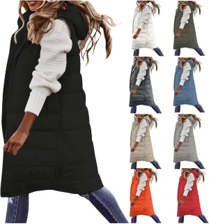 Womens Long Puffer Vest Sleveless Hoodies Jacket Full Zipper Quilted Vest Long Down Coats Thickened Warm Windbreakers