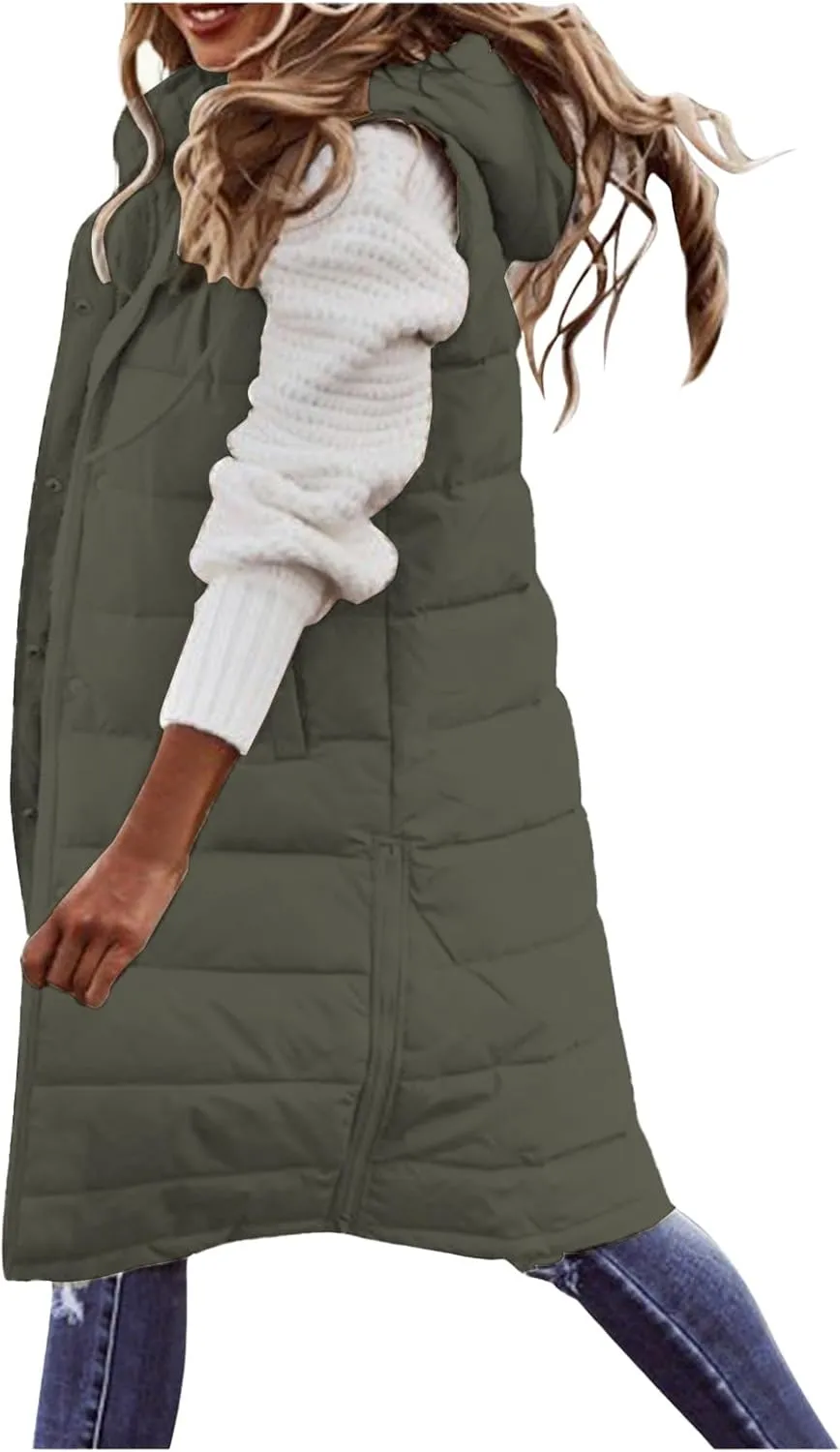 Womens Long Vest Puffer Sleveless Hoodies Quilted Vest Oversized Outdoor Puffer Down Coat Thickened Winter Warm Jacket