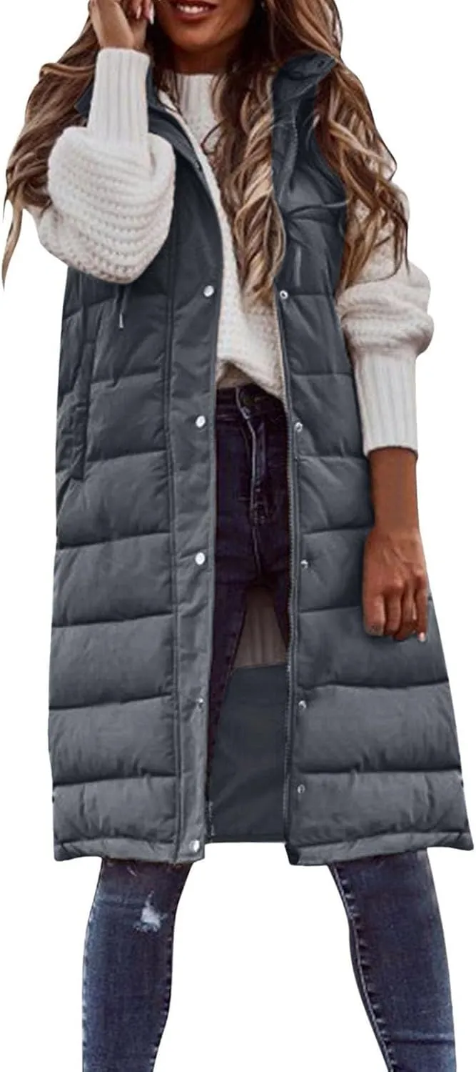 Womens Long Vest Puffer Sleveless Hoodies Quilted Vest Oversized Outdoor Puffer Down Coat Thickened Winter Warm Jacket