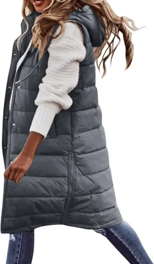 Womens Long Vest Puffer Sleveless Hoodies Quilted Vest Oversized Outdoor Puffer Down Coat Thickened Winter Warm Jacket