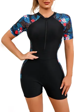 Women's One Piece Rashguard Floral Surfing Swimsuits Swim Rash Guard Boyleg Bathing Suit UV Protection Swimwear