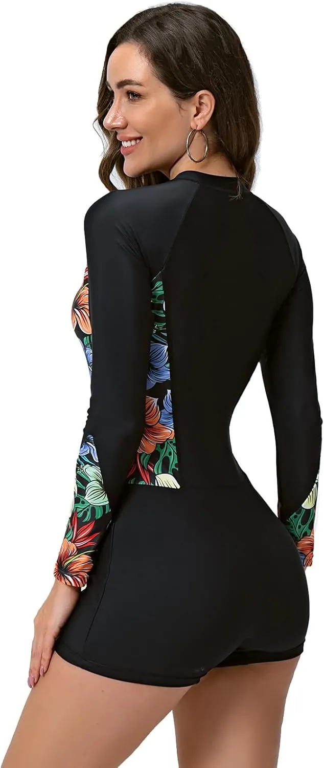 Women's One Piece Rashguard Floral Surfing Swimsuits Swim Rash Guard Boyleg Bathing Suit UV Protection Swimwear