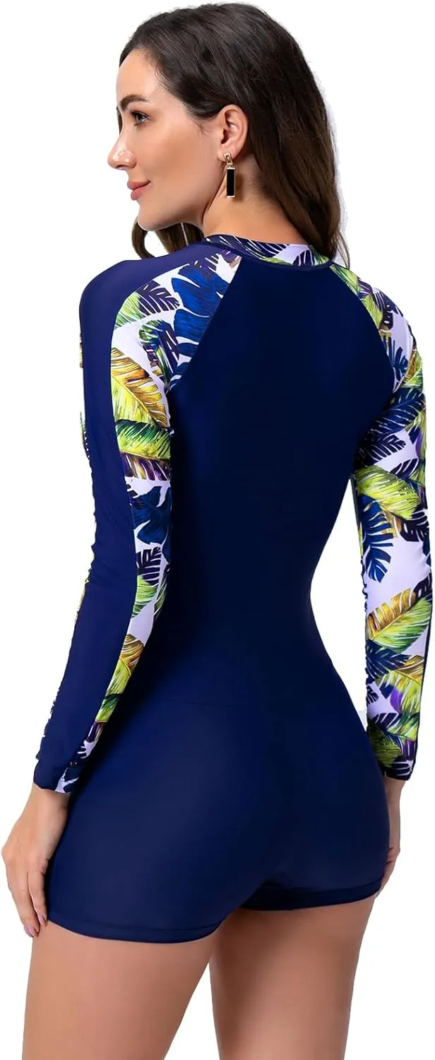 Women's One Piece Rashguard Floral Surfing Swimsuits Swim Rash Guard Boyleg Bathing Suit UV Protection Swimwear