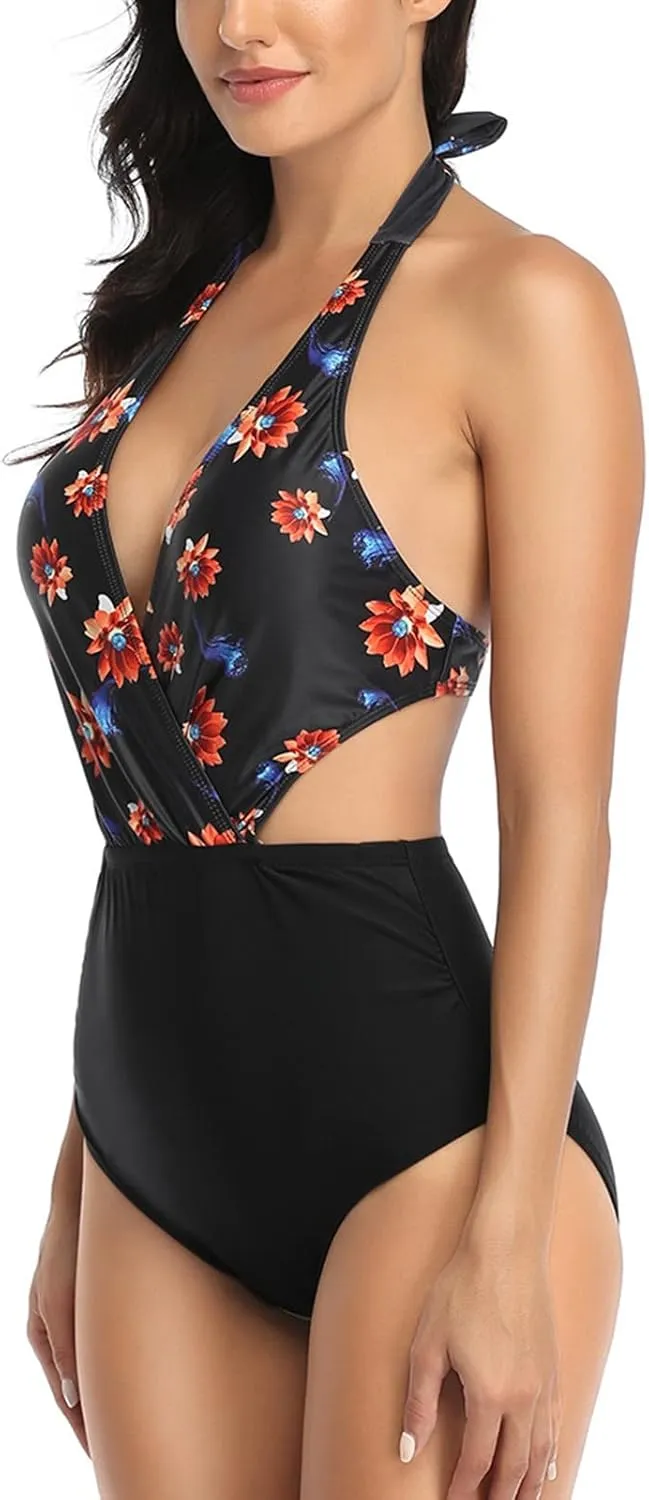 Women's One Piece Swimsuit Halter Backless Tie Knot Bathing Suits Tummy Control Wrap V Neck Beach Bikini Swimwear