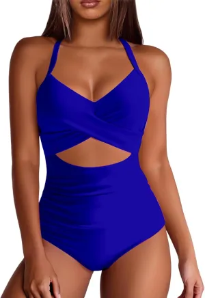 Womens One Piece Swimsuits Waisted Cross Tummy Control Cutout High Waisted Bathing Suit Straps Pad Swimwear