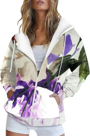 Women's Oversized Hoodies Sweatshirts Casual Full Zip Up Long Sleeve Floral Hooded Jackets 2024 Fall Fashion Outfits