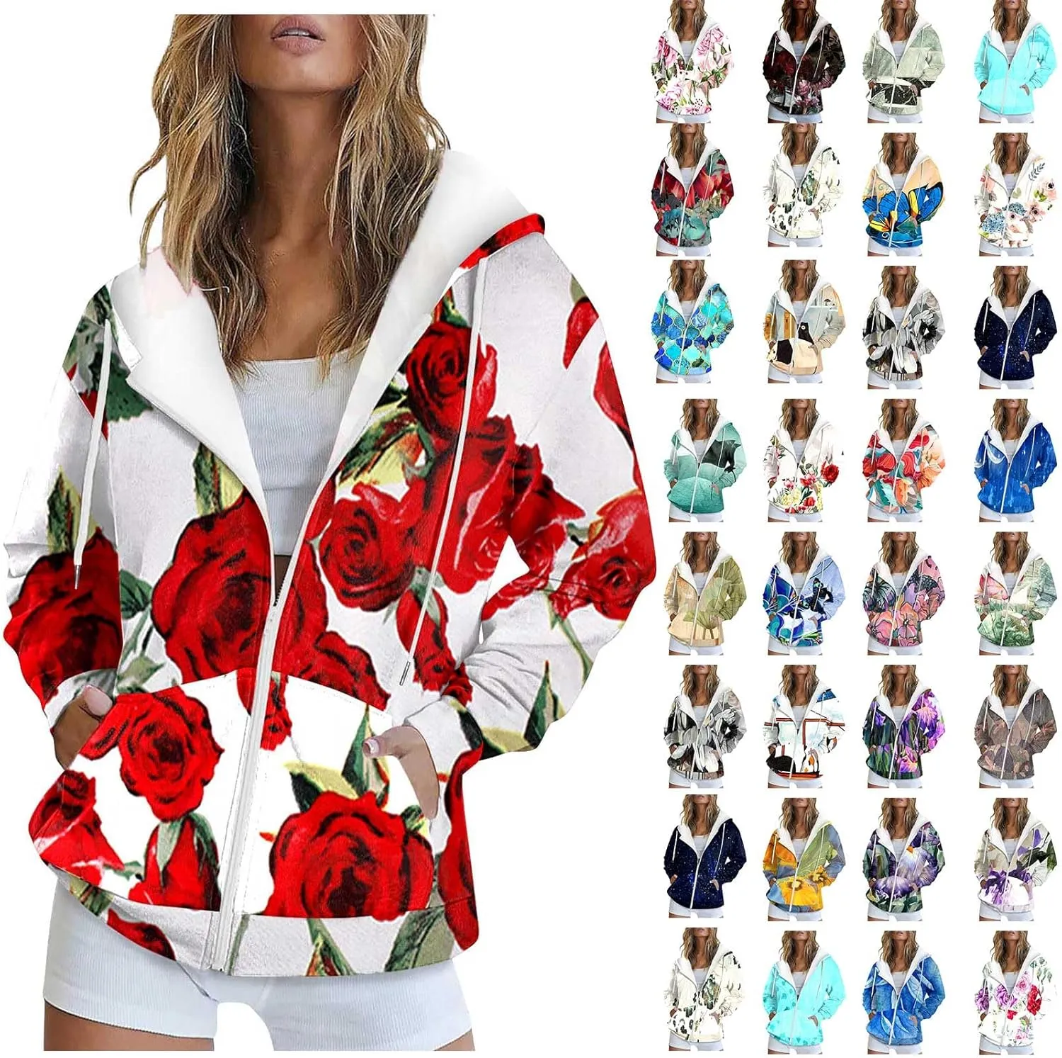 Women's Oversized Hoodies Sweatshirts Casual Full Zip Up Long Sleeve Floral Hooded Jackets 2024 Fall Fashion Outfits