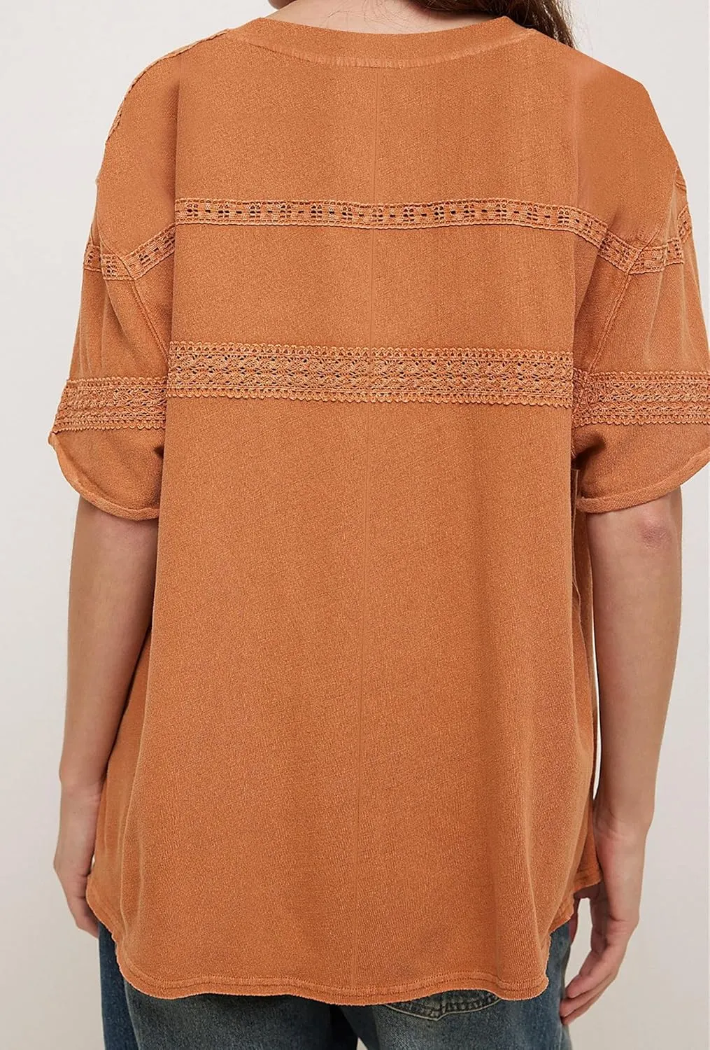 Womens Oversized Lace Patchwork Tops Summer Short Sleeve T Shirt Crew Neck Blouse Casual Boho Basic Tops Outfits