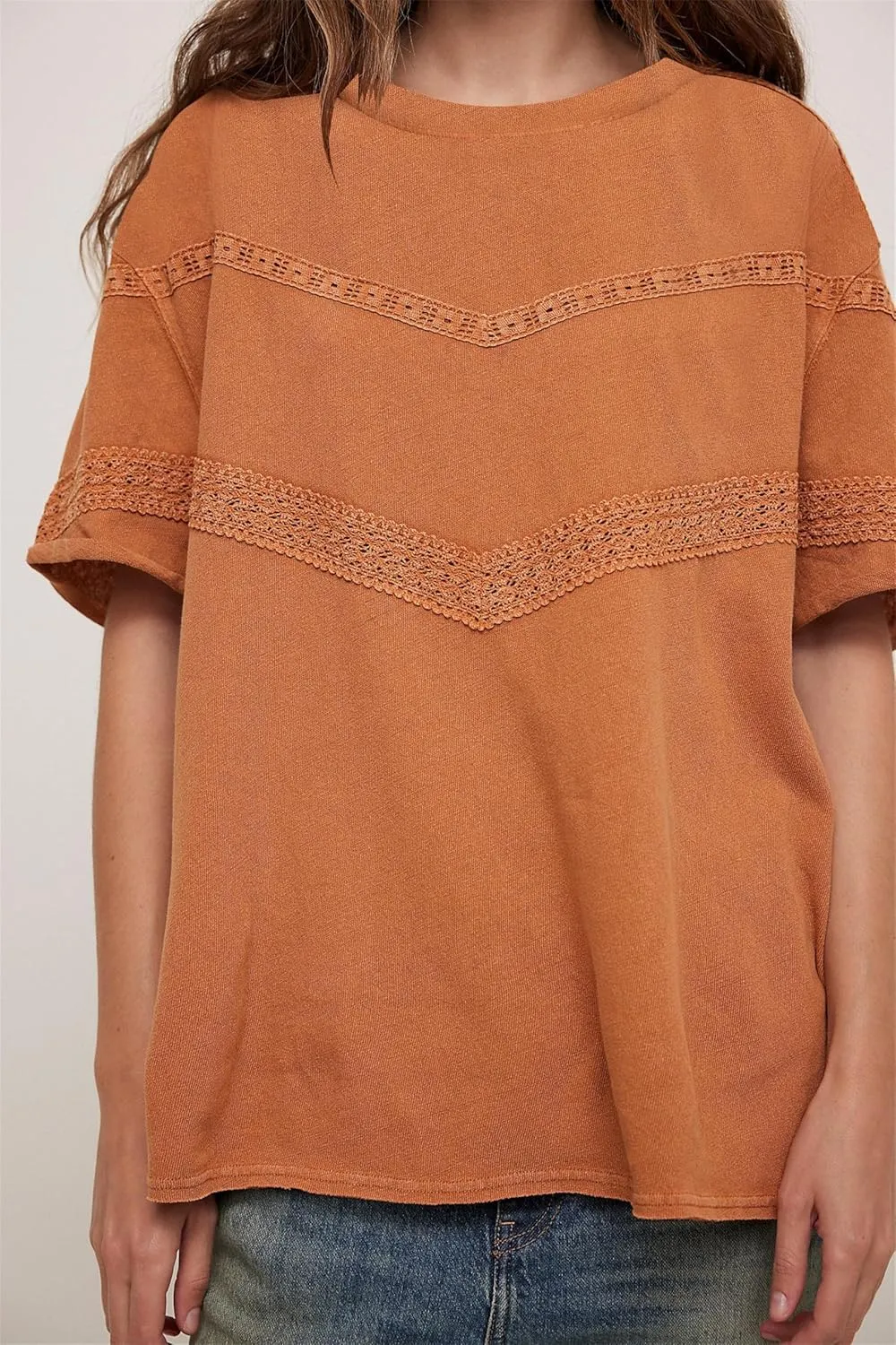 Womens Oversized Lace Patchwork Tops Summer Short Sleeve T Shirt Crew Neck Blouse Casual Boho Basic Tops Outfits