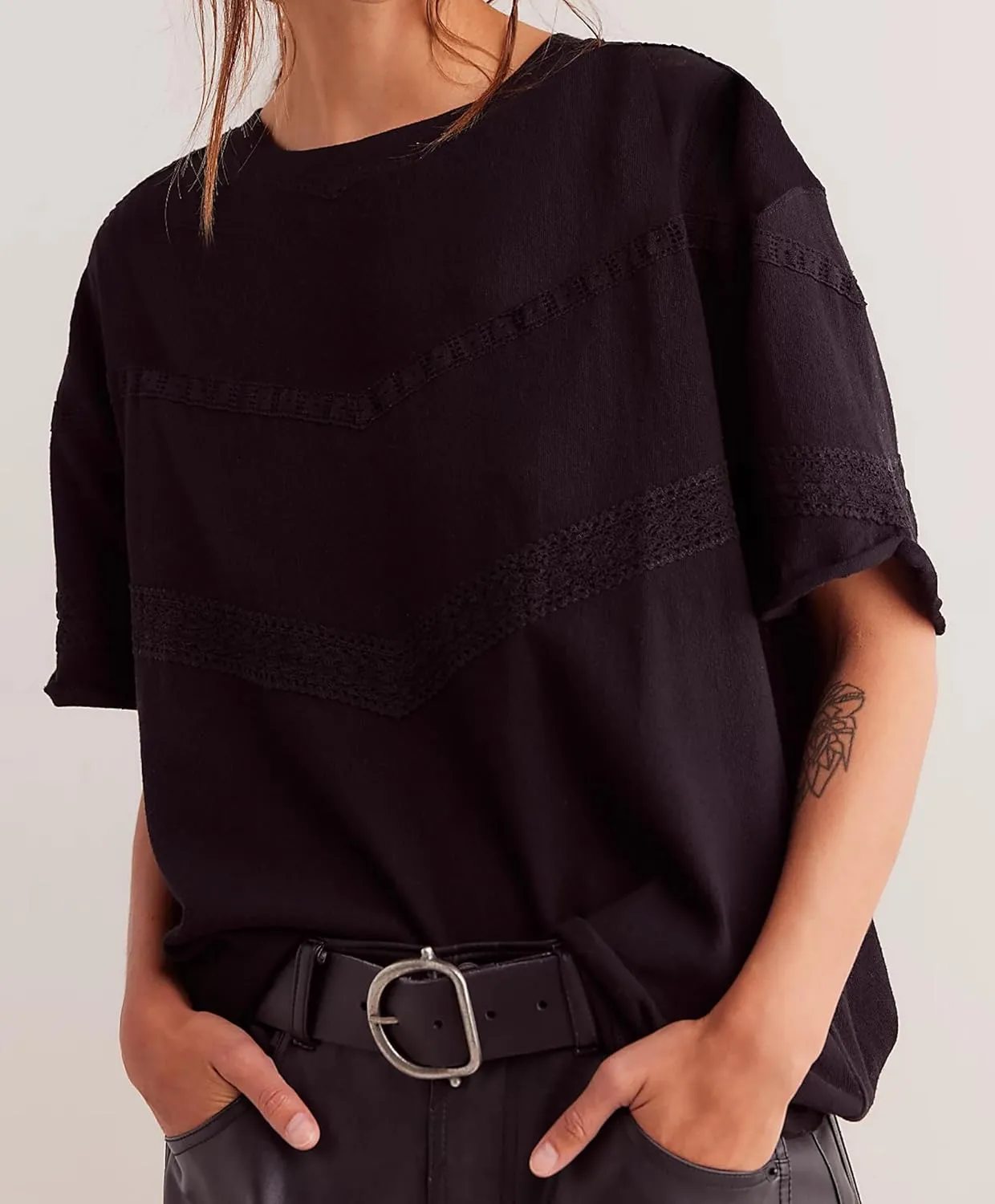 Womens Oversized Lace Patchwork Tops Summer Short Sleeve T Shirt Crew Neck Blouse Casual Boho Basic Tops Outfits