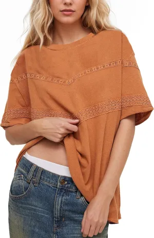 Womens Oversized Lace Patchwork Tops Summer Short Sleeve T Shirt Crew Neck Blouse Casual Boho Basic Tops Outfits