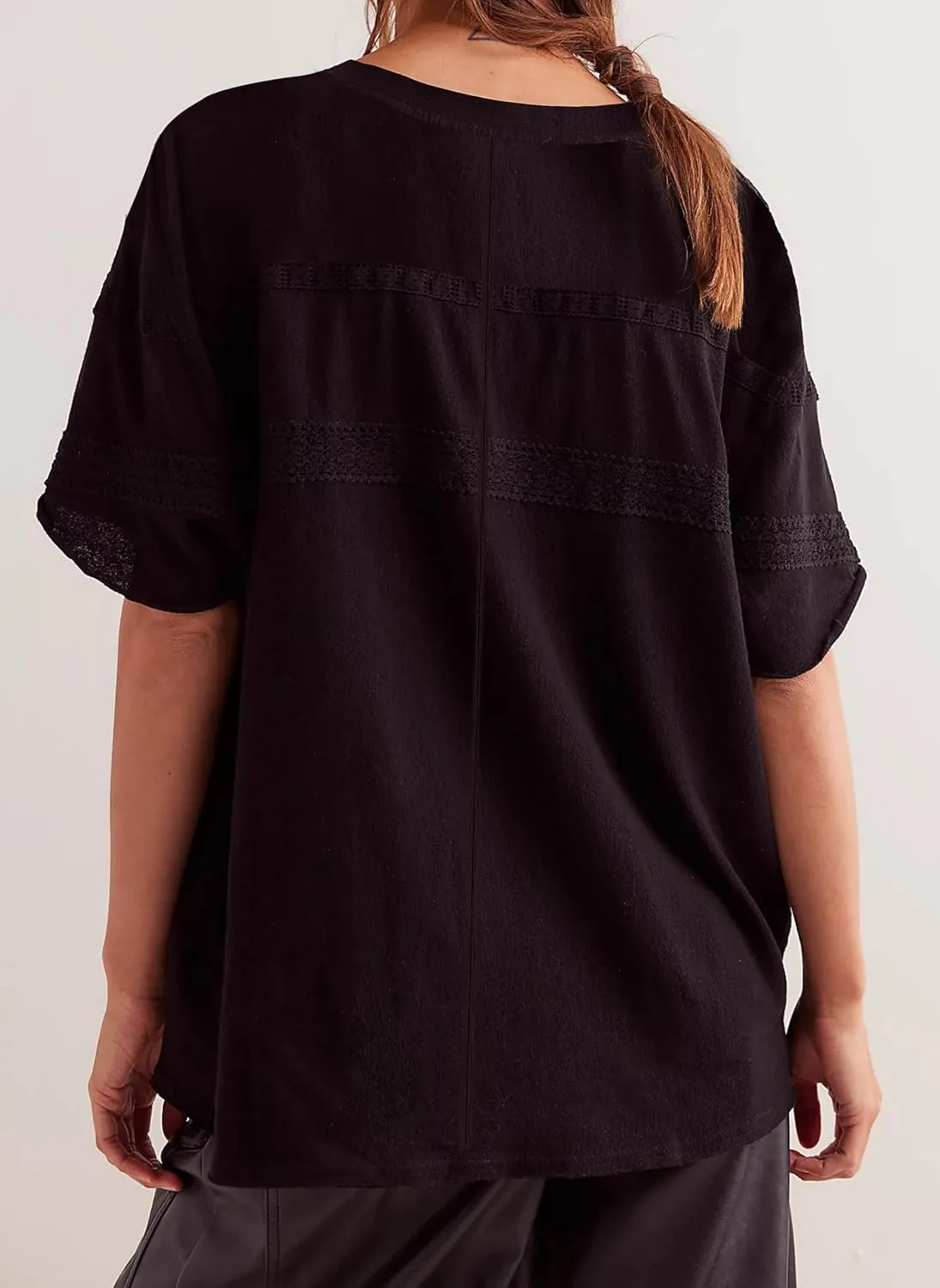 Womens Oversized Lace Patchwork Tops Summer Short Sleeve T Shirt Crew Neck Blouse Casual Boho Basic Tops Outfits
