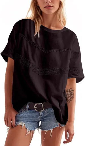 Womens Oversized Lace Patchwork Tops Summer Short Sleeve T Shirt Crew Neck Blouse Casual Boho Basic Tops Outfits