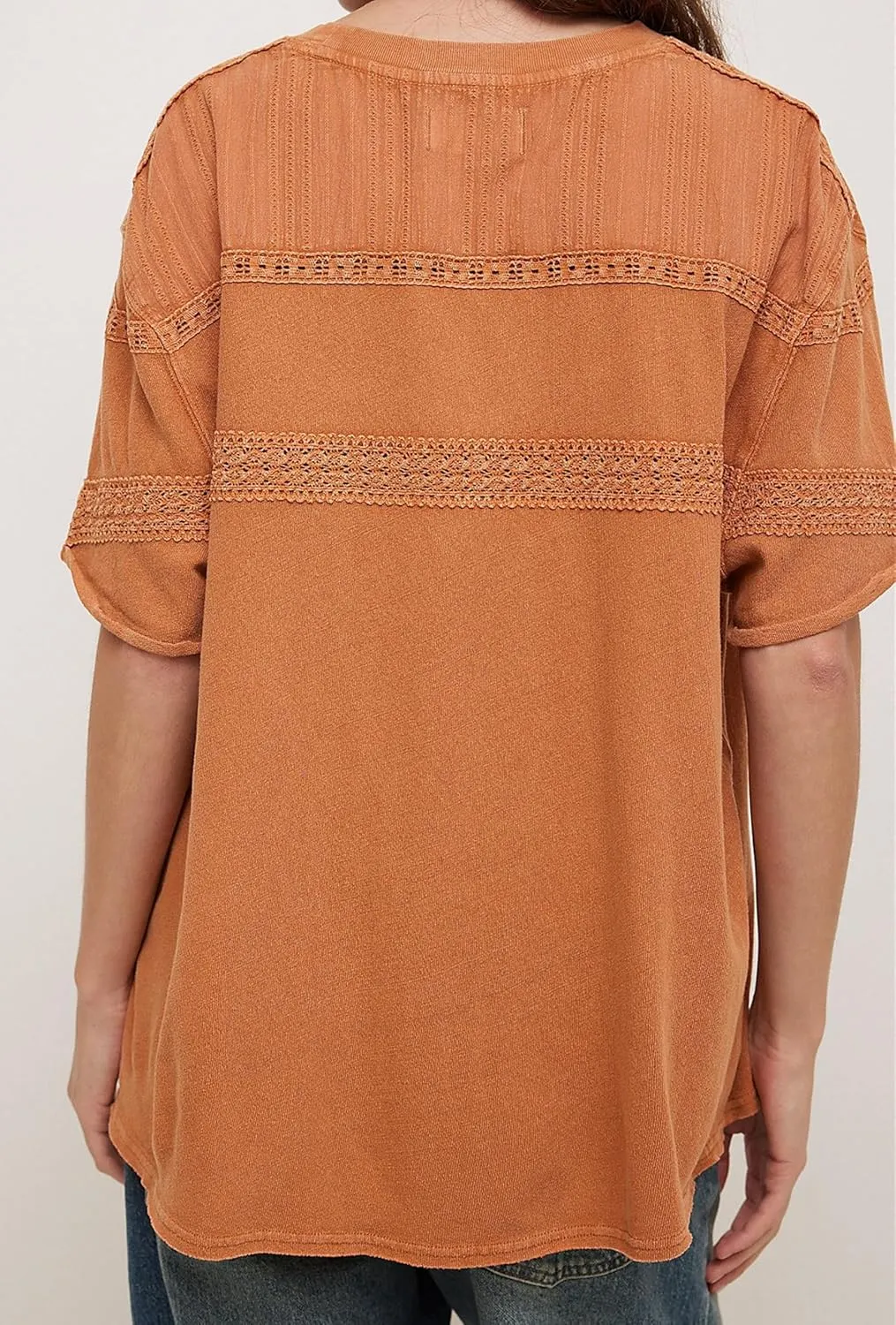 Womens Oversized Lace Patchwork Tops Summer Short Sleeve T Shirt Crew Neck Blouse Casual Boho Basic Tops Outfits