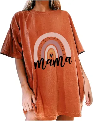 Womens Oversized T-Shirts Mama Graphic Tee Tops Summer Drop Shoulder Crew Neck Rainbow Shirts Vintage Casual Loose Tunics