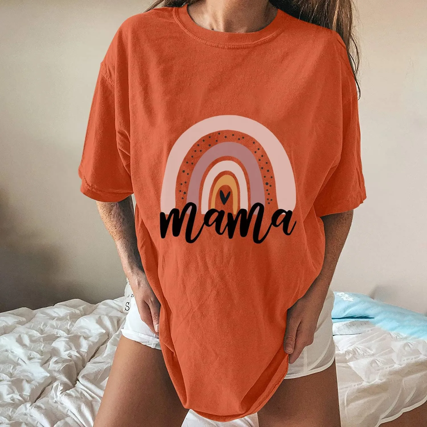 Womens Oversized T-Shirts Mama Graphic Tee Tops Summer Drop Shoulder Crew Neck Rainbow Shirts Vintage Casual Loose Tunics