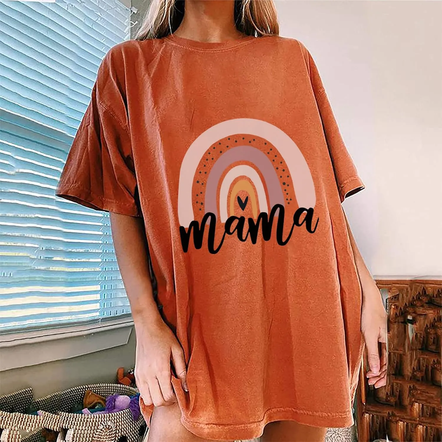 Womens Oversized T-Shirts Mama Graphic Tee Tops Summer Drop Shoulder Crew Neck Rainbow Shirts Vintage Casual Loose Tunics