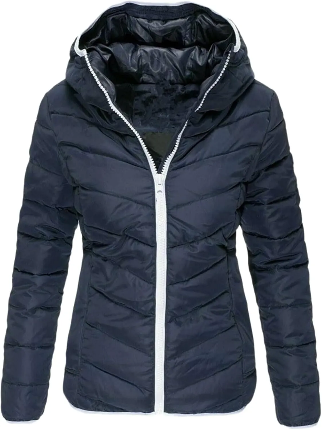 Womens Packable Puffer Jacket Lightweight Hooded Zip Up Quilted Coat Casual Long Sleeve Overcoat Winter Outing Coats