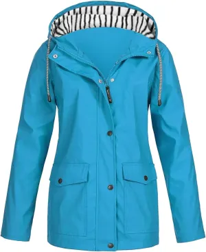 Womens Rain Jacket Waterproof Windproof Hooded Zip Up Raincoat Outdoor Hiking Fall Winter Trench Coat with Pockets