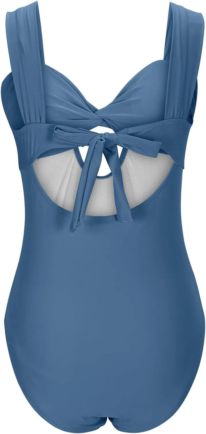 Womens Sexy Cut Out Tummy Control Swimsuit Backless Lace-Up Solid Color One Piece Bathing Suit Vacation Swimwear