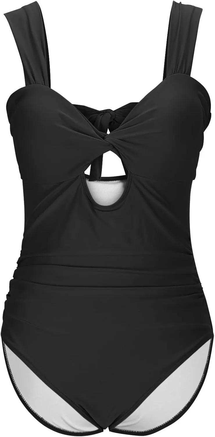 Womens Sexy Cut Out Tummy Control Swimsuit Backless Lace-Up Solid Color One Piece Bathing Suit Vacation Swimwear