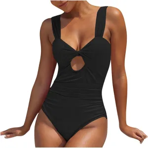 Womens Sexy Cut Out Tummy Control Swimsuit Backless Lace-Up Solid Color One Piece Bathing Suit Vacation Swimwear