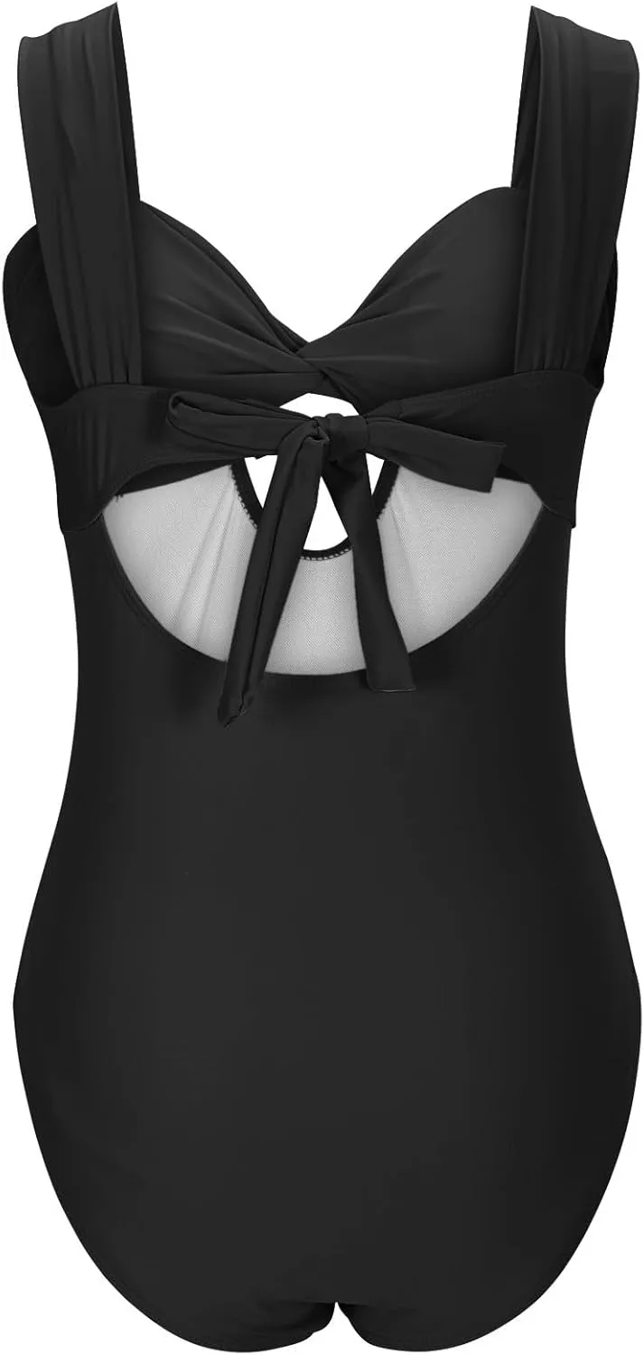 Womens Sexy Cut Out Tummy Control Swimsuit Backless Lace-Up Solid Color One Piece Bathing Suit Vacation Swimwear