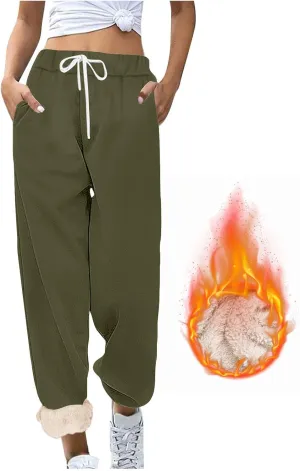 Womens Sherpa Lined Athletic Sweatpants with Pockets Winter Warm Fleece Lined Sweatpants Drawstring Jogger Pants