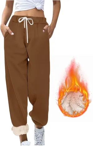 Womens Sherpa Lined Athletic Sweatpants with Pockets Winter Warm Fleece Lined Sweatpants Drawstring Jogger Pants