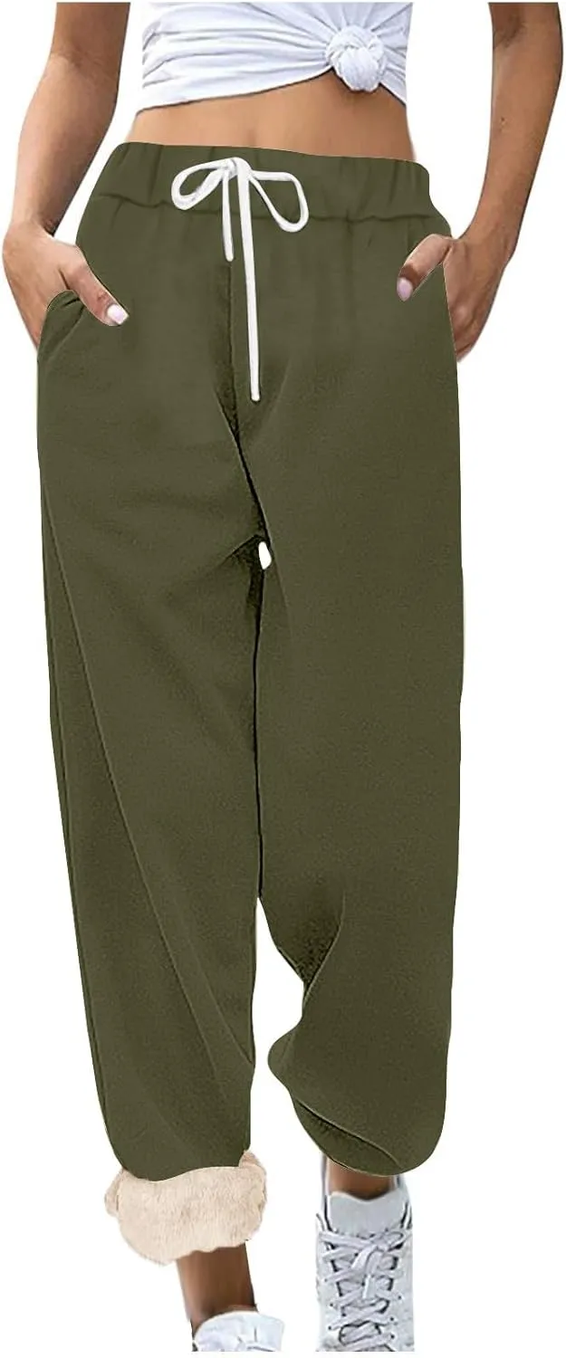 Womens Sherpa Lined Athletic Sweatpants with Pockets Winter Warm Fleece Lined Sweatpants Drawstring Jogger Pants