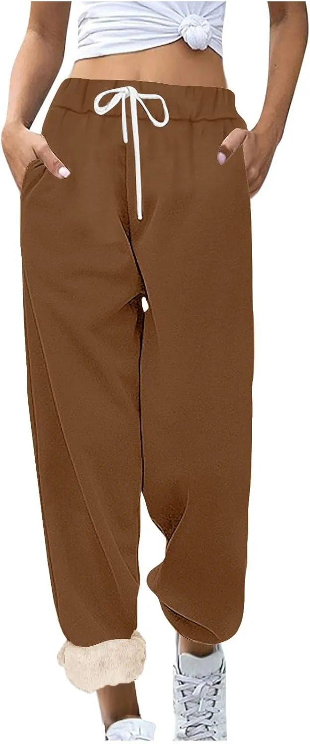Womens Sherpa Lined Athletic Sweatpants with Pockets Winter Warm Fleece Lined Sweatpants Drawstring Jogger Pants