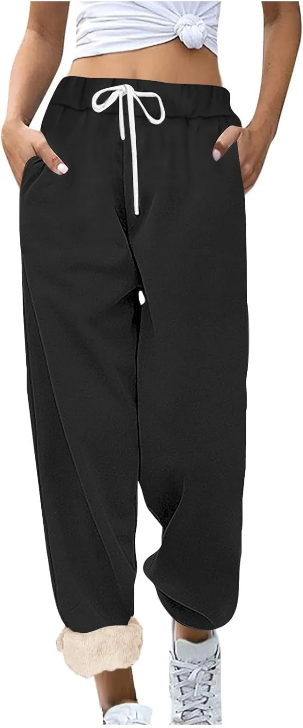Womens Sherpa Lined Athletic Sweatpants with Pockets Winter Warm Fleece Lined Sweatpants Drawstring Jogger Pants