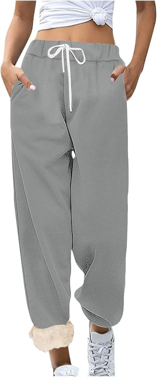 Womens Sherpa Lined Athletic Sweatpants with Pockets Winter Warm Fleece Lined Sweatpants Drawstring Jogger Pants