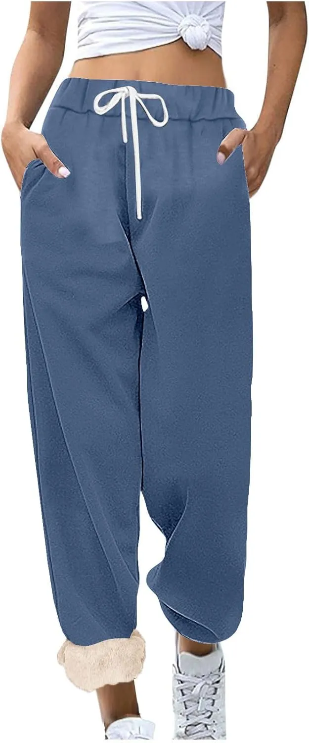 Womens Sherpa Lined Athletic Sweatpants with Pockets Winter Warm Fleece Lined Sweatpants Drawstring Jogger Pants