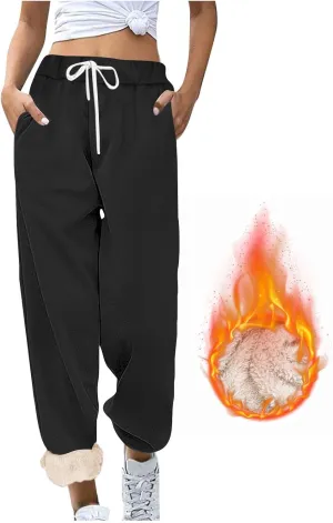Womens Sherpa Lined Athletic Sweatpants with Pockets Winter Warm Fleece Lined Sweatpants Drawstring Jogger Pants