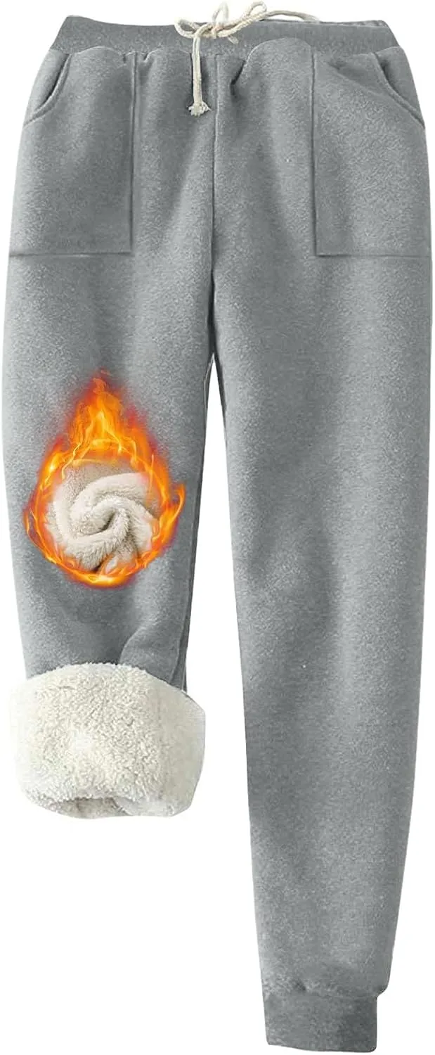 Womens Sherpa Lined Sweatpants Warm Thicken Fleece Winter Pants Straight Leg Cinch Bottom Jogger Pant with Pockets