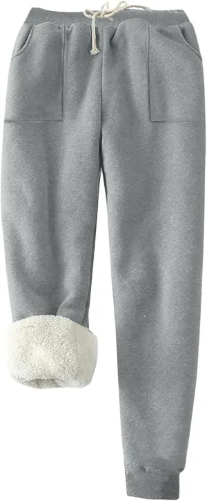 Womens Sherpa Lined Sweatpants Warm Thicken Fleece Winter Pants Straight Leg Cinch Bottom Jogger Pant with Pockets