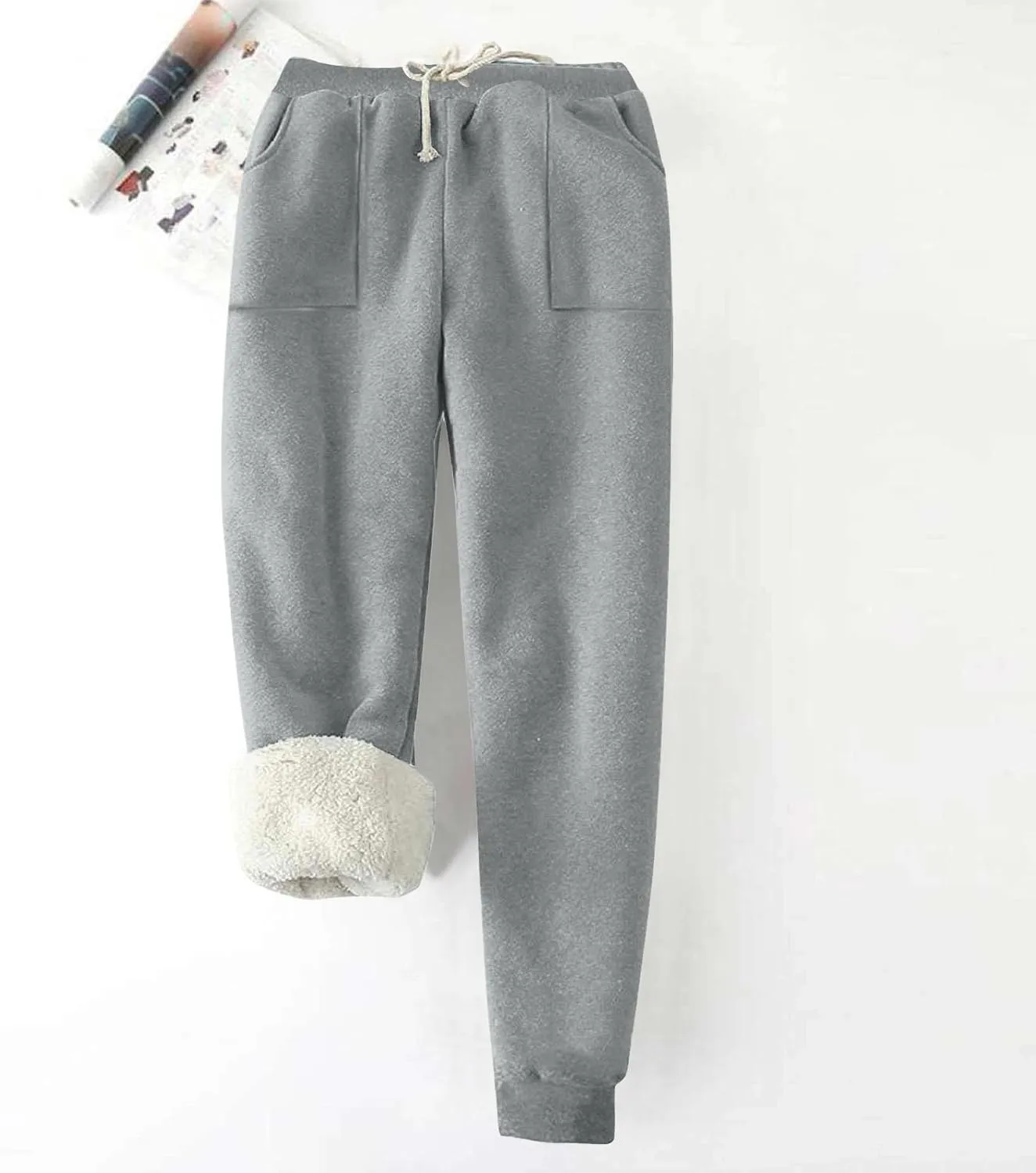 Womens Sherpa Lined Sweatpants Warm Thicken Fleece Winter Pants Straight Leg Cinch Bottom Jogger Pant with Pockets