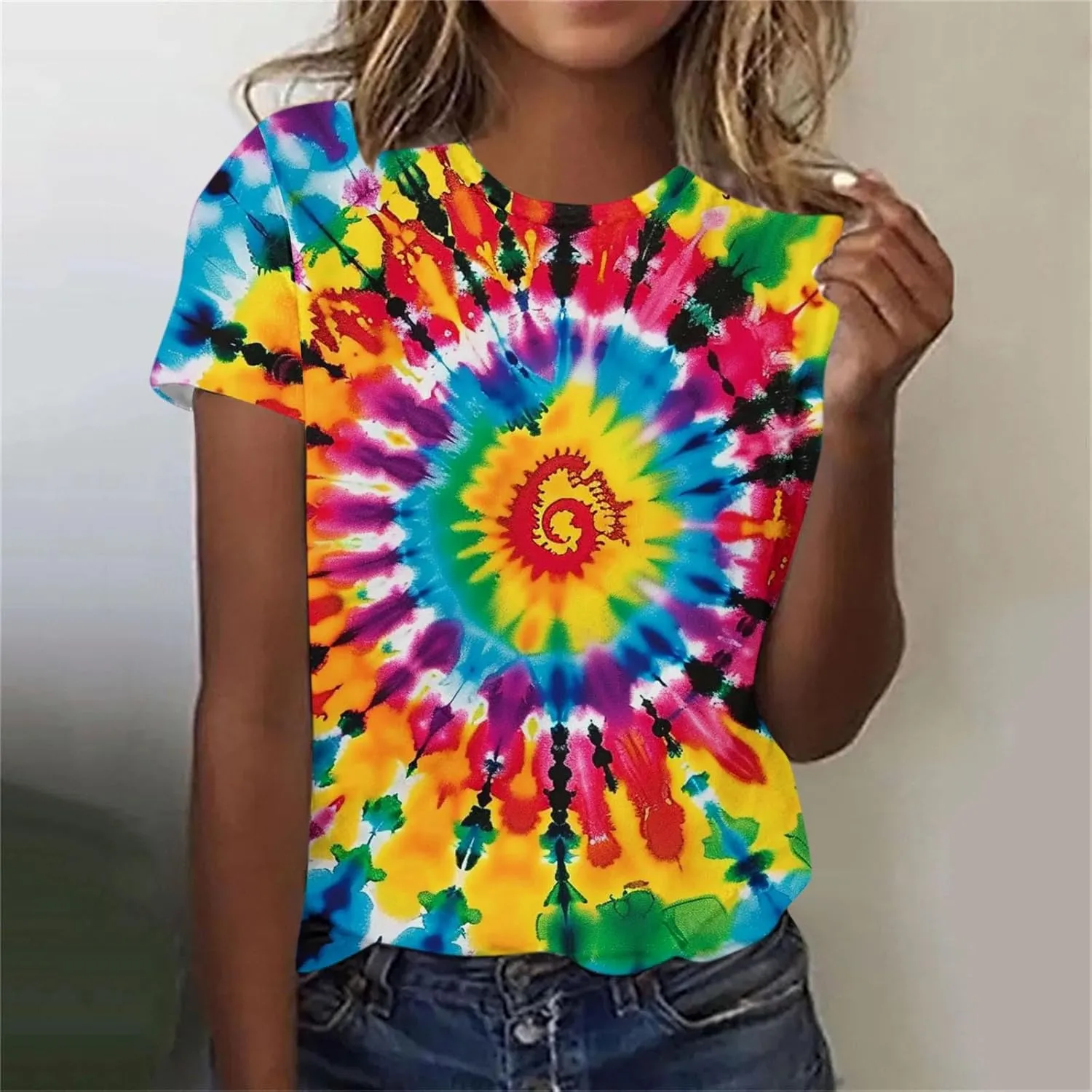 Womens Shirts Dressy Casual Crewneck Tie-Dye Summer Blouse Plus Size Short Sleeve Tee Shirt Loose Fit Print Ops