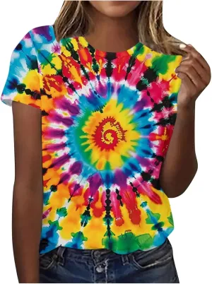 Womens Shirts Dressy Casual Crewneck Tie-Dye Summer Blouse Plus Size Short Sleeve Tee Shirt Loose Fit Print Ops