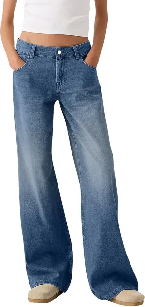 Womens Straight Leg Jeans High Waisted Baggy Jeans Wide Leg Stretchy Trendy Denim Pants with Pockets