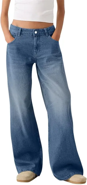 Womens Straight Leg Jeans High Waisted Baggy Jeans Wide Leg Stretchy Trendy Denim Pants with Pockets