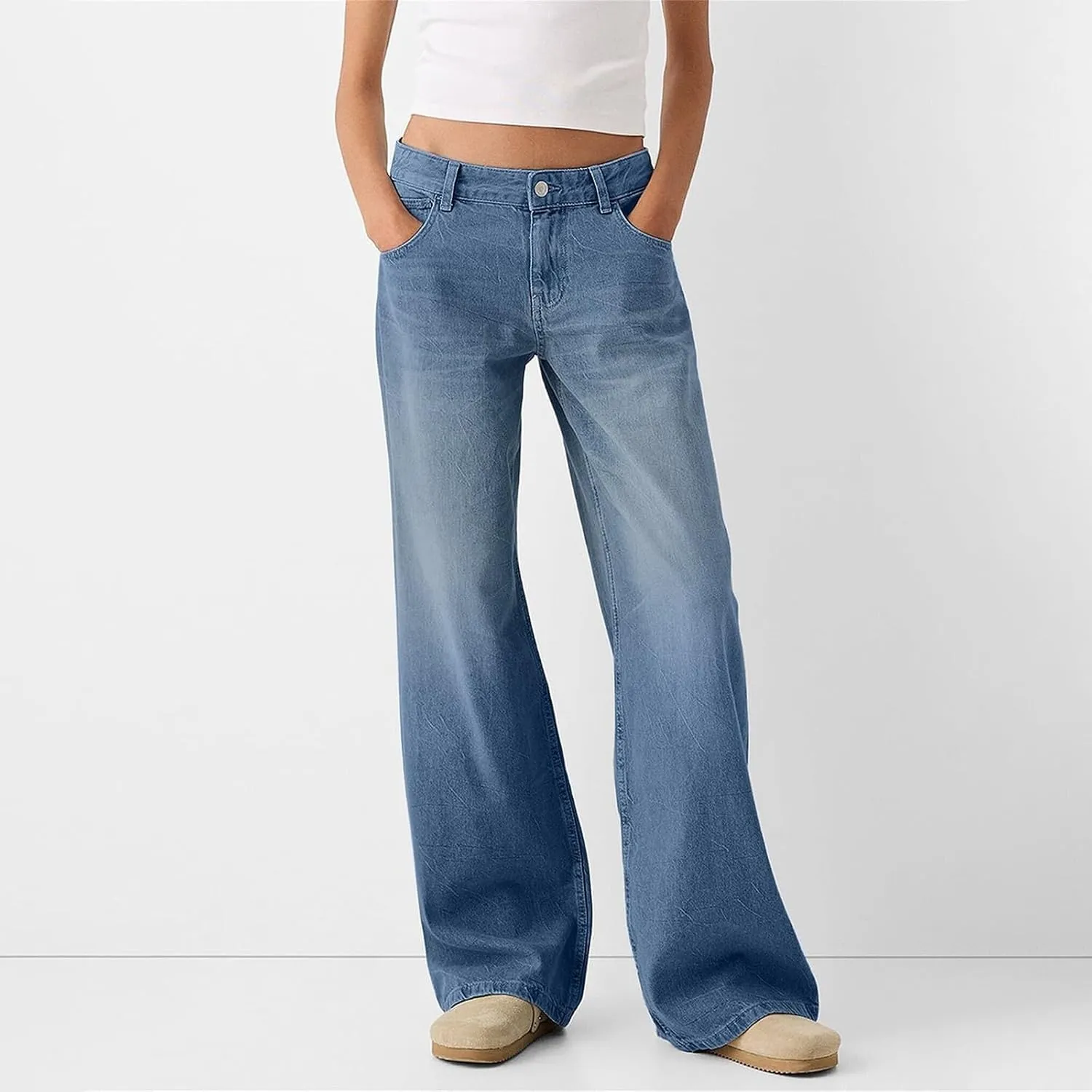 Womens Straight Leg Jeans High Waisted Baggy Jeans Wide Leg Stretchy Trendy Denim Pants with Pockets